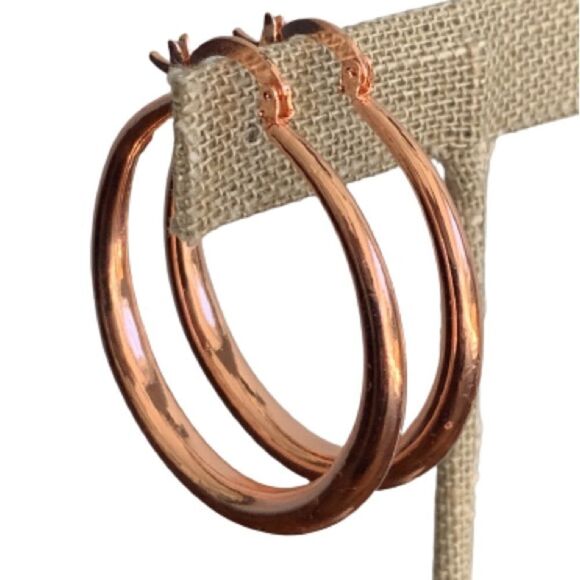 18K Rose Gold Plated Hoop Earrings Polished Large Round Tube Hoops Unisex Hoops - Picture 4 of 10